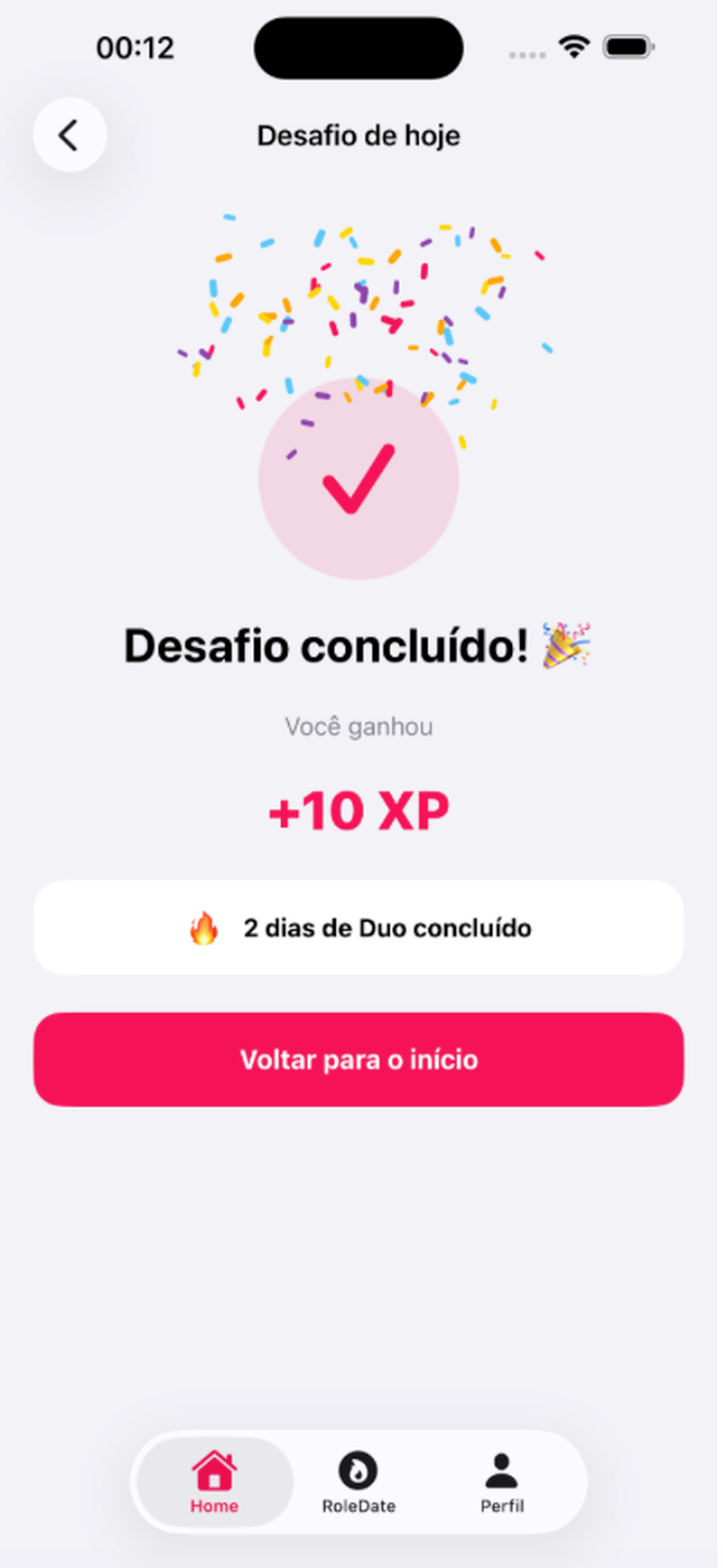 Tela de desafio concluído no DuoCouple mostrando +10 XP e 2 dias de Duo concluído